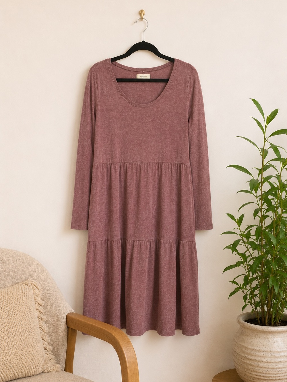 Twigg & Feather Pink Babydoll Midi Dress Bamboo Cotton Tiered Stretch L Normcore